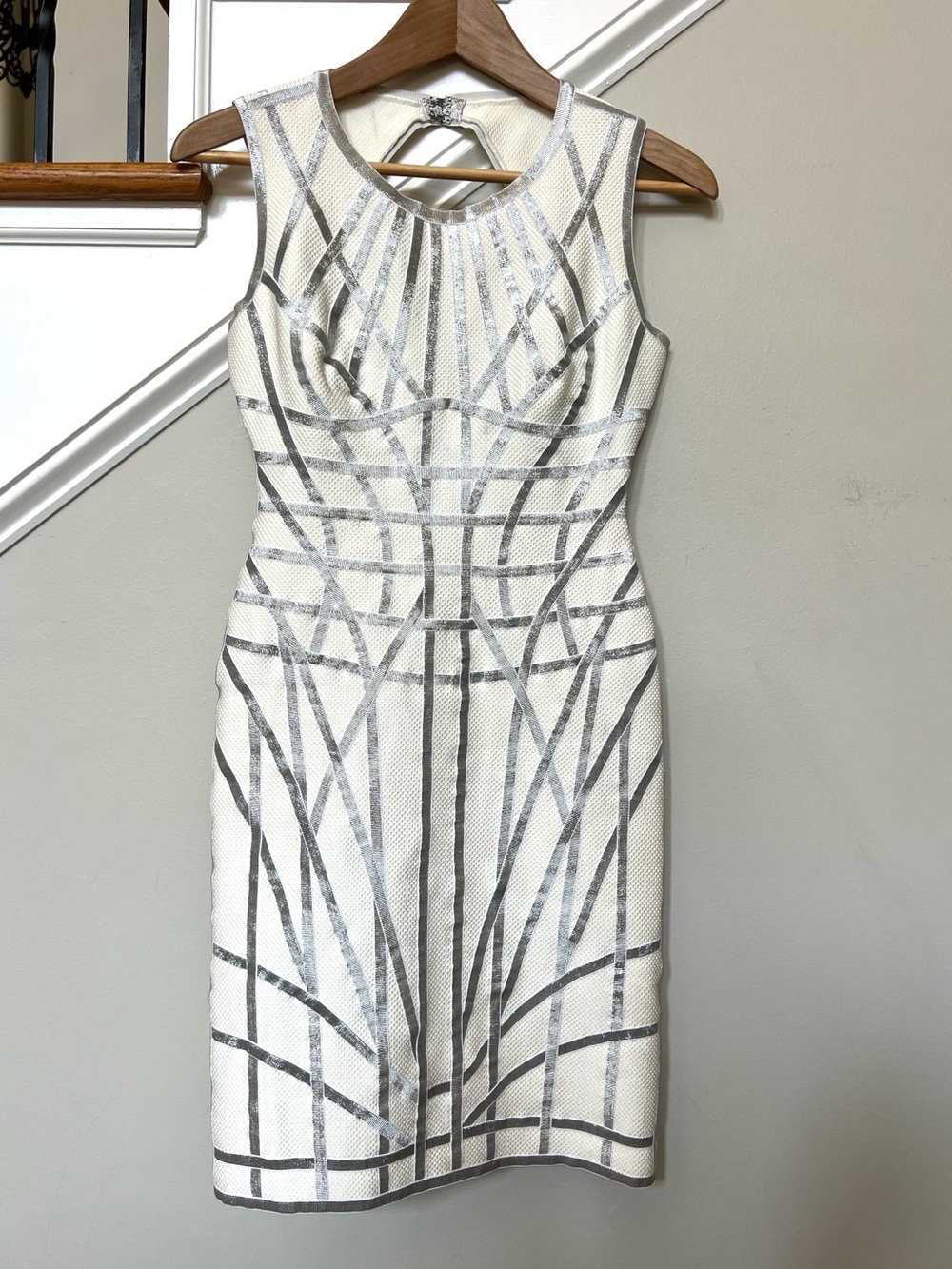Hervé Léger Romee Caged Bandage Mini Dress white metallic silver architectural S